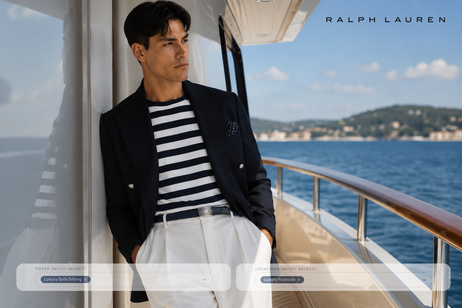 Menswear studio campaign — yacht setting.